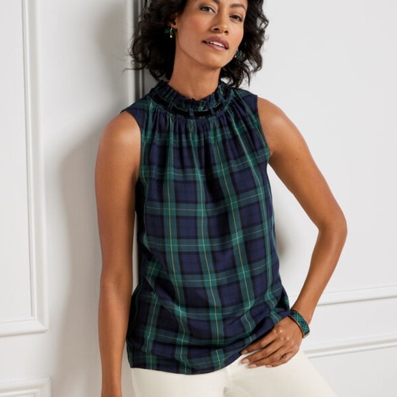 EUC Talbots Holiday Plaid Ruffle Neck Velvet Trim Top size Large - Picture 1 of 12
